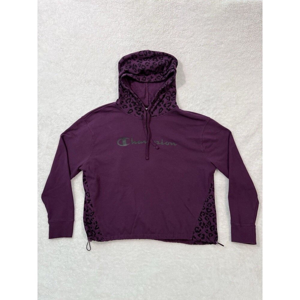 CHAMPION Women's Pullover Hoodie Purple Leopard Accents Size XL Drawstring